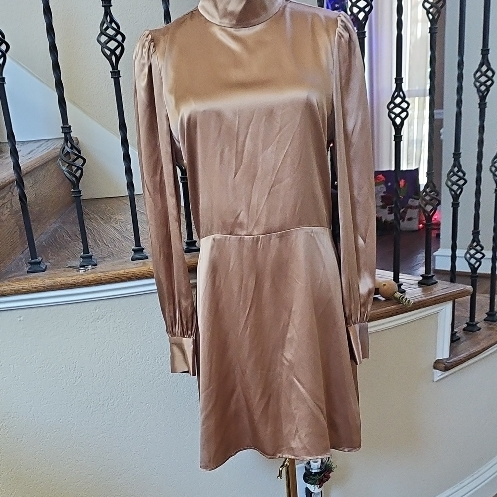 Reformation Satin Long Sleeve Dress in Tan